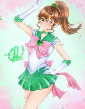 Rule 34 | bishoujo senshi sailor moon, bishoujo senshi sailor moon supers, bow, brooch, brown hair, choker, circlet, elbow gloves, erni 1232, gloves, green choker, green eyes, green sailor collar, green skirt, hair bobbles, hair ornament, heart, heart brooch, highres, jewelry, kino makoto, one eye closed, pink bow, ponytail, sailor collar, sailor jupiter, skirt, smile, star (symbol), star choker, super sailor jupiter, white gloves