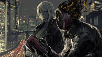 1girl 1other ambiguous_gender book city city_lights cityscape clock commentary dante_(limbus_company) diary faust_(project_moon) highres limbus_company object_head project_moon reading sweater the_g_(bhu204) untranslatable_commentary white_hair