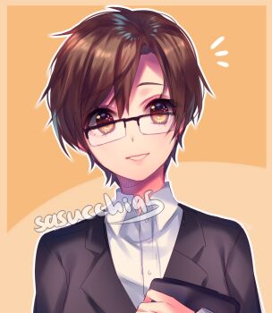 Rule 34 | 1girl, :d, ahoge, artist name, black-framed eyewear, black jacket, border, brown hair, buttons, clipboard, collared shirt, crossdressing, crossdressing (ftm), curtained hair, glasses, grin, hair between eyes, hand up, highres, holding, holding clipboard, jacket, lapels, long sleeves, looking at viewer, notice lines, open mouth, orange background, orange border, original, outline, outside border, portrait, rectangular eyewear, sasucchi95, shirt, short hair, simple background, smile, solo, straight-on, tareme, very short hair, white outline, white shirt, yellow eyes