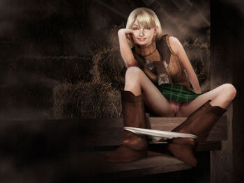 1girl 3d ashley_graham blonde_hair boots brown_boots brown_legwear chair clothes_lift female_focus grin head_rest knee_boots leaning lipstick looking_at_viewer makeup naughty_face orange_eyes panties panty_pull parted_bangs plaid_clothes plaid_skirt pussy resident_evil resident_evil_4 scarf short_hair sitting skirt skirt_lift sleeveless sleeveless_turtleneck smile solo sweat third-party_edit turtleneck uncensored underwear white_panties