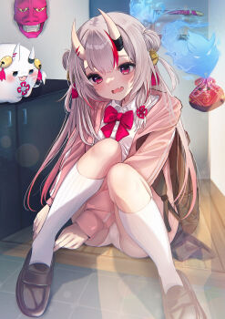 1girl absurdres alternate_costume bell blush bow bowtie cardigan collared_shirt commentary_request double_bun fang grey_hair hair_bell hair_bun hair_ornament highres hololive horns indoors jingle_bell karma_(nakiri_ayame) kneehighs knees_up loafers long_hair mask multicolored_hair nakiri_ayame oni_mask open_cardigan open_clothes open_mouth panties pink_cardigan poyoyo_(nakiri_ayame) putting_on_footwear red_bow red_bowtie red_eyes red_hair school_uniform shirt shoes sidelocks sitting skin-covered_horns skin_fang socks solo streaked_hair tassel tassel_hair_ornament terra_bose two_side_up underwear unworn_mask virtual_youtuber white_panties white_shirt white_socks