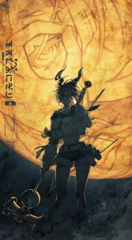 1boy absurdres character_request commentary_request copyright_request cropped_hoodie greyscale_with_colored_background hair_over_one_eye hammer highres holding holding_hammer holding_weapon hood hood_down hoodie long_sleeves looking_at_viewer male_focus midriff one_eye_covered parted_bangs short_hair shorts srt_rice_ball standing weapon yellow_background