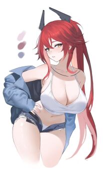 1girl bandage_on_nose bandaid bandaid_on_face bandaid_on_nose breasts camisole color_guide commentary_request denim denim_jacket denim_shorts double-parted_bangs exposed_pocket goddess_of_victory:_nikke horns jacket large_breasts mechanical_horns medium_sidelocks micro_shorts navel official_alternate_costume official_alternate_hairstyle rain_525 red_hood_(nikke) red_hood_(retro_days)_(nikke) shorts simple_background solo tank_top white_background white_camisole white_tank_top