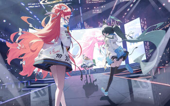 :d absurdres animal_ears aris_(blue_archive) arm_up black_hair black_thighhighs blonde_hair blue_archive bow cat_ears cat_tail closed_eyes computer_keyboard esports fake_animal_ears hair_bow halo highres holding_computer_keyboard hood hooded_jacket jacket long_hair long_sleeves looking_at_viewer looking_back midori_(blue_archive) momoi_(blue_archive) open_mouth pleated_skirt ponytail red_hair shoes short_hair skirt smile sneakers socks tail thighhighs u.rang very_long_hair white_bow white_hair white_jacket white_socks yuzu_(blue_archive) zettai_ryouiki