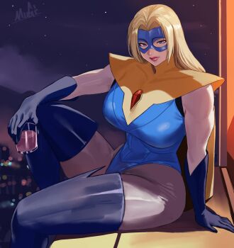 1boy 1girl alternate_breast_size_(larger) blonde_blazer blonde_hair blue_eyes blue_gloves blue_mask blush bodysuit breasts cape commentary cup dispatch domino_mask english_commentary eye_mask glass gloves highres holding holding_cup huge_breasts lips long_hair mask mugi_(mugit49) sitting smile superhero_costume yellow_cape