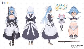 1girl absurdres aochoku apron back_bow blue_hair bolt_action bow breasts character_name cleavage color_guide earrings evren garter_belt glasses gloves gun hat high_heels highres jewelry knife lee-enfield long_hair maid mob_cap multiple_views navel noemi_hestia panties reference_sheet rifle round_eyewear second-party_source sheath sheathed thighhighs twitter_username underwear virtual_youtuber weapon white_apron white_bow white_garter_belt white_gloves white_hat white_panties yellow_eyes