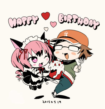 1boy 1girl :3 akiha_rumiho animal_ears baseball_cap black_skirt brown_hair cake cat_ears chibi chibi_only dated denim fake_animal_ears food fork glasses green_shirt happy_birthday hashida_itaru hat heart holding holding_fork holding_plate jeans jumping looking_at_another maid maid_headdress mamimu_(ma-mi-mu.me) one_eye_closed opaque_glasses open_mouth pants pink_eyes pink_hair plate ringlets science_adventure shirt short_hair simple_background skirt smile steins;gate twintails