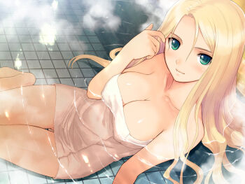 00s 1girl barefoot bath blonde_hair blush breasts cleavage date_wingfield_reiko fault!! feet female_focus game_cg green_eyes long_hair looking_at_viewer partially_submerged shiny_skin sitting smile solo steam thigh_gap tony_taka towel water
