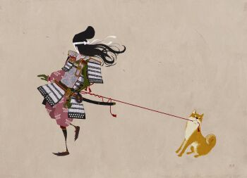 1boy armor black_hair black_hat brown_background commentary_request dog dou facing_away floating_hair full_body hat highres japanese_armor japanese_clothes katana kote kusazuri long_hair namiki_kazama original pulling sheath sheathed shiba_inu shoulder_armor signature sode solo sword tate_eboshi weapon