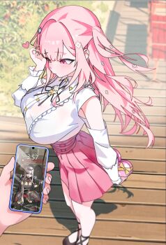 1girl blush box breasts cellphone center_frills commentary day english_commentary engrish_commentary frilled_shirt frills gift gift_box gurumie heart-shaped_box highres holding holding_gift holding_phone hololive hololive_english juxtaposition large_breasts long_hair long_sleeves looking_down mori_calliope mori_calliope_(1st_costume) mori_calliope_(kawaiiope) outdoors phone pink_eyes pink_hair pink_skirt shirt skirt smartphone solo_focus thighs virtual_youtuber white_shirt