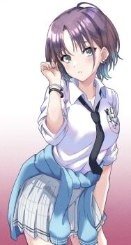 1girl aqua_eyes asakura_toru black_necktie blue_cardigan bracelet breast_pocket brown_hair cardigan cardigan_around_waist clothes_around_waist collared_shirt commentary_request cowboy_shot earrings gradient_background grey_skirt hand_up highres idolmaster idolmaster_shiny_colors jewelry leaning_forward looking_at_viewer necktie notus_23 parted_lips pleated_skirt pocket red_background shirt short_hair skirt solo white_background white_shirt