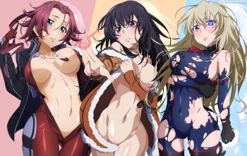 3girls absurdres artist_name black_hair blonde_hair blue_bodysuit blue_eyes bodysuit breasts code_geass code_geass:_boukoku_no_akito code_geass:_dakkan_no_roze geass highres jacket jewelry kouzuki_kallen large_breasts leila_malcal long_hair multiple_girls navel necklace purple_eyes railtracer8888 red_bodysuit red_hair sumeragi_sakuya torn_clothes