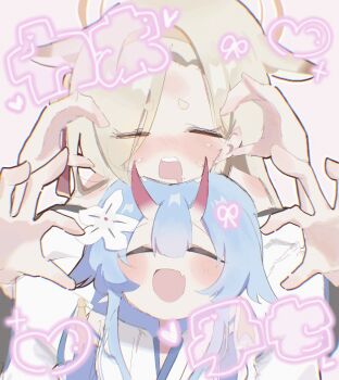 2girls animal_ears blonde_hair blue_archive blue_hair blush chise_(blue_archive) closed_eyes commentary_request extra_ears fang flower forehead four-finger_heart_hands fox_ears hair_between_eyes hair_flower hair_ornament hair_over_one_eye hairband halo heart heart_hands highres horns japanese_clothes kaho_(blue_archive) kimono long_hair mole mole_under_mouth multiple_girls open_mouth skin-covered_horns skin_fang teeth thick_eyebrows u_u9zz_z upper_teeth_only white_kimono yellow_halo