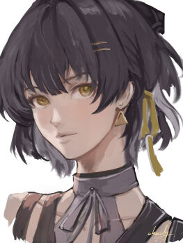 1girl absurdres black_hair chucky_(chucky1000sun) closed_mouth commentary_request earrings female_rover_(wuthering_waves) hair_ornament hair_ribbon hairclip highres jewelry looking_at_viewer parallel_hairclips portrait ribbon rover_(wuthering_waves) signature simple_background solo triangle_earrings white_background wuthering_waves yellow_eyes yellow_ribbon