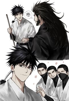5boys beard black_hair bucket character_request closed_eyes closed_mouth facial_hair from_behind highres holding holding_bucket holding_mop japanese_clothes jujutsu_kaisen long_hair looking_at_another male_focus mask mop mouth_mask multiple_boys ninja_mask ponytail shaved_head simple_background smile speech_bubble sso_s thought_bubble white_background zen'in_jinichi zen'in_ranta