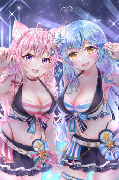 Rule 34 | 2girls, absurdres, ahoge, animal ears, aqua hair, aqua nails, arm behind back, bare shoulders, bikini, bikini skirt, black choker, blue bikini, blush, braid, breasts, choker, cleavage, collarbone, commentary request, elf, hair between eyes, hair ornament, hakui koyori, heart, heart ahoge, highres, hololive, hololive summer 2023 swimsuit, long hair, looking at viewer, multiple girls, navel, official alternate costume, open mouth, paw pose, pink bikini, pink hair, pointy ears, purple eyes, rin5325, skirt, smile, stomach, striped bikini, striped clothes, swimsuit, thigh strap, vertical-striped clothes, very long hair, virtual youtuber, wolf ears, wolf girl, yellow eyes, yukihana lamy