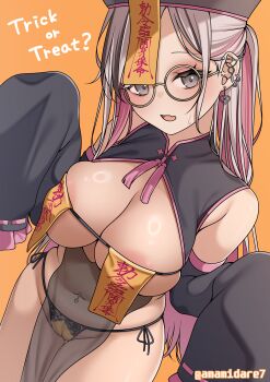 1girl absurdres amamidare areola_slip blush breasts chinese_clothes cleavage coin_hair_ornament detached_sleeves ear_piercing earrings grey_hair hair_ornament halloween hat highres jewelry jiangshi jiangshi_costume large_breasts long_hair long_sleeves looking_at_viewer multicolored_hair ofuda ofuda_on_head ofuda_on_nipples open_mouth orange_panties original panties pasties piercing pink_hair qingdai_guanmao revealing_clothes round_eyewear see-through_clothes shrug_(clothing) sleeves_past_wrists solo underwear