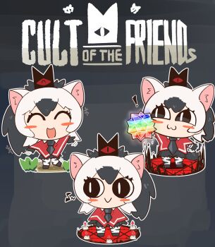 1girl aardwolf aardwolf_(kemono_friends) absurdres animal_ears animal_print anteater_ears anteater_tail black_hair blush crossover cult_of_the_lamb elbow_gloves extra_ears gloves hair_between_eyes highres kemono_friends long_hair multicolored_hair necktie open_mouth pantyhose ponytail print_gloves print_pantyhose red_crown_(cult_of_the_lamb) sandstar shirt shorts smile tail two-tone_hair white_hair wonderful_waon