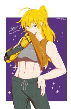 1girl abs absurdres ahoge alternate_hairstyle black_pants blonde_hair breasts clothes_lift commentary cowboy_shot english_commentary grey_sports_bra hand_on_own_hip highres long_hair mechanical_arms misanim no_lineart orange_shirt pants purple_eyes rwby shirt shirt_lift single_mechanical_arm sleeveless sleeveless_shirt solo sparkle sports_bra sweat sweatpants toned toned_female twitter_username yang_xiao_long