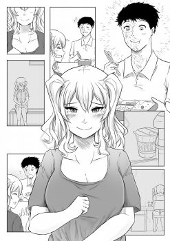 1boy 1girl alternate_costume bench bento blush breasts burn_scar casual chair chopsticks cleavage comic commentary eating english_commentary flashback food greyscale highres holding holding_chopsticks instant_noodles kantai_collection kashima_(kancolle) large_breasts monochrome nissin_cup_noodle rice robba-san_(wangphing) scar table tears twintails wangphing