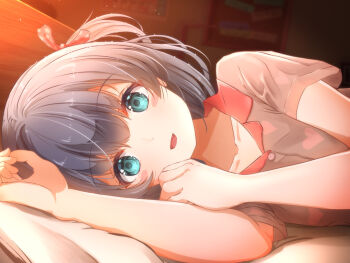 1girl blue_eyes blurry blurry_background bulletin_board buttons close-up collarbone dot_nose fang hair_ornament hair_ribbon heart heart_print indoors looking_at_viewer lying medium_hair on_bed on_side one_side_up open_mouth original pajamas polka_dot polka_dot_ribbon pov_across_bed purple_hair ribbon short_sleeves smile solo tachiinu upper_body