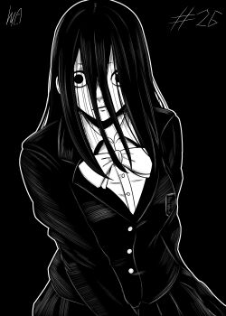 1girl absurdres bow bowtie breasts commentary dandadan empty_eyes expressionless greyscale hair_over_face highres jacket large_breasts looking_at_viewer lughost monochrome pleated_skirt school_uniform skirt solo upper_body yukishiro_kouki