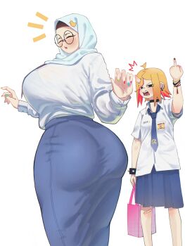 Rule 34 | 2girls, absurdres, alv4febrian, ass, ayuu (alv4febrian), blonde hair, blue necktie, blue skirt, breasts, collared shirt, highres, hijab, horns, huge breasts, indonesian high school uniform, indonesian middle school uniform, long skirt, middle finger, multiple girls, necktie, onie (alv4febrian), open mouth, original, pleated skirt, school uniform, shirt, short sleeves, simple background, single horn, skirt, white background, white hijab, white shirt