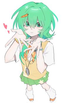 1girl bow bowtie bracelet carrot_hair_ornament closed_mouth collared_shirt commentary_request food-themed_hair_ornament from_above green_eyes green_skirt gumi hair_ornament heart highres i_can&#039;t_wait_(synthesizer_v) jewelry looking_at_viewer loose_socks orange_bow orange_bowtie orange_shoes orange_vest pealerprpr polka_dot polka_dot_bow polka_dot_bowtie shirt shoes short_hair short_sleeves simple_background skirt smile socks solo star_(symbol) star_print synthesizer_v vest vocaloid white_background white_shirt white_socks