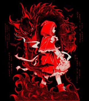 1girl basket bat_(animal) big_bad_wolf black_background boots bow capelet closed_mouth commentary dress english_text from_side full_body hatching_(texture) highres holding holding_basket hood hood_up hooded_capelet linear_hatching little_red_riding_hood_(fairy_tale) little_red_riding_hood_(fairy_tale_character) long_sleeves looking_ahead machipachi1901 monochrome monster petticoat profile reaching reaching_towards_another red_boots red_capelet red_dress red_hair red_theme ribbon smile standing walking