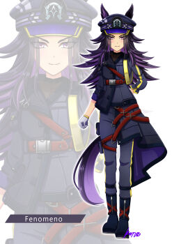 1girl absurdres animal_ears black_boots black_hair black_jacket black_pants black_shirt blush boots character_name closed_mouth commentary_request ears_through_headwear fenomeno_(black_flames_of_the_righteous_spirit)_(umamusume) fenomeno_(umamusume) flipped_hair gloves hat highres horse_ears horse_girl horse_tail horseshoe_hat_ornament horseshoe_ornament jacket konsu_(konsu1182da) long_hair long_sleeves looking_at_viewer multicolored_hair pants peaked_cap purple_eyes purple_hair shirt simple_background smile tail umamusume white_gloves zoom_layer