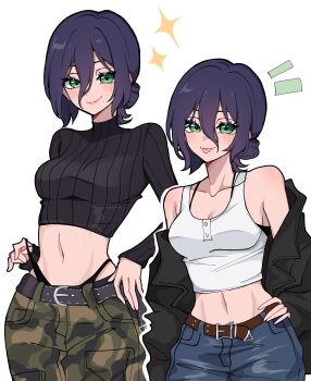 Rule 34 | 1girl, absurdres, alternate costume, belt, black coat, black sweater, blush, bra, breasts, camouflage, camouflage pants, chainsaw man, coat, crop top, green eyes, hair between eyes, hair bun, highres, midriff, miovartz, multiple girls, navel, panties, pants, purple hair, reze (chainsaw man), short hair, shorts, single hair bun, small breasts, star (symbol), sweater, tongue, tongue out, underwear, white background