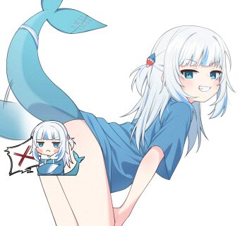 1girl adversarial_noise alternate_costume bent_over blue_eyes blue_hair blue_shirt blush_stickers bottomless censored character_censor fins fish_tail from_side frown gawr_gura grey_hair grin hair_ornament hands_on_own_knees highres hololive hololive_english loli long_hair looking_at_viewer multicolored_hair novelty_censor shark_hair_ornament shark_tail sharp_teeth shirt simple_background smile spoken_x streaked_hair tail tail_wagging teeth ugaaaa1 virtual_youtuber white_background