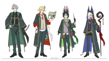 4boys absurdres alhaitham_(genshin_impact) alternate_costume amaichi_esora animal_ear_hood animal_ears black_hair black_pants black_robe black_shirt black_shoes blonde_hair book brown_cardigan cardigan collared_shirt commentary_request cyno_(genshin_impact) dark-skinned_male dark_skin fake_animal_ears feather_hair_ornament feathers fox_boy fox_ears full_body genshin_impact green_eyes green_hair green_necktie grey_hair grey_sweater_vest hair_ornament highres holding holding_book holding_quill holding_staff holding_wand hood hooded_robe hoyofair kaveh_(genshin_impact) long_hair mage_staff male_focus multicolored_hair multiple_boys necktie pants potion purple_bag purple_necktie purple_vest quill red_eyes red_necktie robe shirt shoes short_hair simple_background staff striped_necktie sweater_vest test_tube tighnari_(genshin_impact) two-tone_hair vest wand white_background white_hair white_shirt