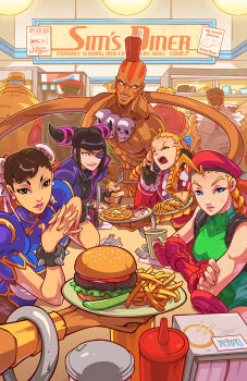 4girls bacon bald beret burger butter cammy_white capcom cellphone chun-li dark-skinned_female dark_skin dhalsim diner edwin_huang egg_(food) english_text eyepatch food guile han_juri hat highres jewelry kanzuki_karin ken_masters ketchup lettuce m._bison multiple_girls mustard necklace object_on_head onion phone pickle plate q_(street_fighter) revision ryu_(street_fighter) scar sitting skull skull_necklace street_fighter street_fighter_v sunny_side_up_egg table tattoo tomato udon_entertainment waffle