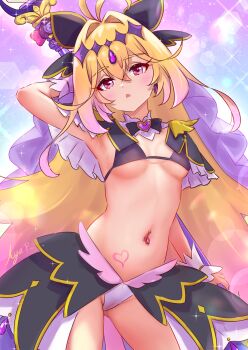 Rule 34 | 1girl, absurdres, adapted costume, antenna hair, arm behind head, artist name, bikini, black bikini, black bow, black bowtie, black capelet, black skirt, blonde hair, blurry, bokeh, bow, bowtie, breasts, brooch, capelet, commentary, cowboy shot, cure arcana shadow, depth of field, detached collar, diamond hairband, earrings, frilled capelet, frilled cuffs, frills, gradient hair, hair intakes, half-closed eyes, head tilt, heart, heart brooch, highres, holding, holding behind back, holding staff, jewelry, koaya, light blush, long hair, looking at viewer, meitantei precure!, mismatched bikini, moria luluka, multicolored hair, navel piercing, open mouth, piercing, precure, purple eyes, purple veil, revealing clothes, showgirl skirt, signature, skirt, small breasts, solo, sparkle, staff, standing, stomach tattoo, swimsuit, tattoo, tear arcana rod, veil, white bikini, wrist cuffs