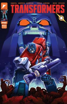 2boys arm_cannon autobot blue_eyes cannon comic_cover commentary decepticon english_commentary english_text insignia manabu_yashiro mecha megatron multiple_boys no_humans official_art open_mouth optimus_prime red_eyes robot science_fiction transformers transformers:_generation_1 transformers_(skybound) weapon