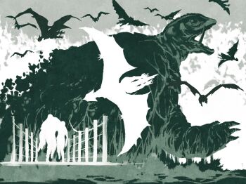 1girl 2boys bridge claws crest daiei_film flying gamera gamera:_guardian_of_the_universe gamera_(series) gyaos kaiju looking_back multiple_boys multiple_persona nagamine_mayumi ocean peroringa sea_monster silhouette tail talons turtle turtle_shell tusks water waves wings yonemori_yoshinari