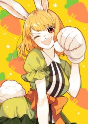Rule 34 | 1girl, animal ears, carrot (one piece), commentary request, cowboy shot, green hair, highres, kurage20001, one eye closed, one piece, puffy short sleeves, puffy sleeves, rabbit ears, rabbit girl, rabbit tail, short hair, short sleeves, smile, solo, tail
