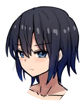 1girl black_hair blue_eyes blush closed_mouth collarbone commentary_request cropped_shoulders hair_between_eyes kurumayakoudo looking_at_viewer original portrait simple_background solo white_background