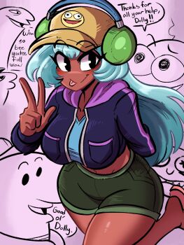 1girl absurdres allan_(smiling_friends) aqua_hair aqua_shirt black_eyes blush breast_pocket breasts character_name charlie_dompler collarbone commentary crop_top cropped_jacket dark-skinned_female dark_skin dolly_dimpley english_commentary english_text eyelashes glep_(smiling_friends) green_shorts hat headphones headphones_over_headwear highres jacket long_hair original pim_pimling pocket purple_jacket scruffyturtles shirt shorts smile smiley_face smiling_friends solo_focus speech_bubble split_mouth standing standing_on_one_leg tongue tongue_out v-neck w yellow_hat