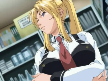 Rule 34 | 00s, 1girl, 2006, animated, animated gif, anime screenshot, bible black, bible black only, blonde hair, bookshelf, breasts, crossed arms, high ponytail, leaning forward, long hair, necktie, ponytail, purple eyes, saeki kaori, school, school uniform, science, sideboob, smile, tagme