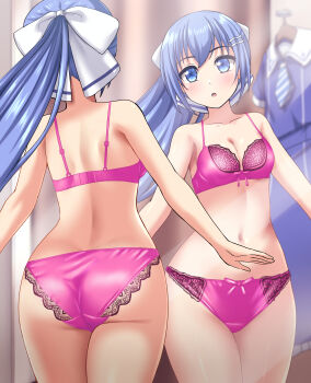 1girl :o absurdres ass back blue_eyes blue_hair blurry blurry_background blush bow bow_bra bow_panties bra breasts cleavage commentary_request commission crotch_seam depth_of_field fitting_room frilled_bra frilled_panties frills hair_ornament hair_ribbon hairclip highres indoors lingerie looking_at_viewer navel original panties partial_commentary pink_bra pink_panties pixiv_commission ponytail reflection ribbon school_uniform small_breasts solo standing underwear underwear_only unworn_clothes white_ribbon zanntetu