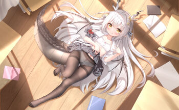 Rule 34 | 1girl, absurdres, antlers, black pantyhose, blush, bra, brown eyes, chair, checkered clothes, checkered skirt, closed mouth, clothes lift, commentary request, desk, dragon girl, dragon tail, dragon wings, flat chest, full body, highres, horns, knee up, large variant set, licking lips, long hair, lying, navel, notebook, on back, on floor, original, panties, panties under pantyhose, pantyhose, qian hen, school chair, school desk, school uniform, shirt, skirt, skirt lift, smile, solo, tail, toes, tongue, tongue out, underwear, variant set, very long hair, white bra, white hair, white panties, white shirt, wings