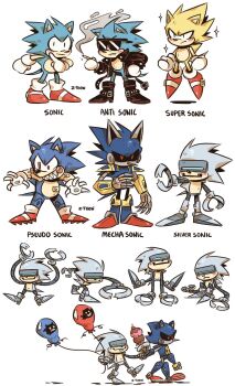 adventures_of_sonic_the_hedgehog armor artist_name balloon black_jacket black_shoes boots cigarette food full_body gloves highres holding holding_balloon holding_cigarette humanoid_robot ice_cream jacket male_focus mecha_sonic_mki_(8-bit) mecha_sonic_mkii metal_sonic multiple_persona multiple_views pauldrons pseudo_sonic robot sharp_teeth shoes shoulder_armor sonic_(series) sonic_the_hedgehog sonic_the_hedgehog_(archie_comics) sparkle sunglasses super_sonic teeth white_gloves z-t00n