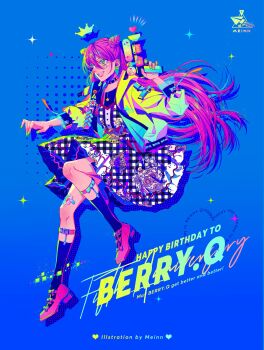 1girl absurdres ankle_socks aqua_belt artist_name bandaid bandaid_on_leg belt belt_buckle belt_collar black_belt black_dress black_socks blue_background bow buckle buttons collar colorful commentary cone_hair_bun crown double_bun dress english_commentary floating_crown footwear_bow full_body green_crown green_eyes green_jacket green_nails grin gun hair_between_eyes hair_bun happy_birthday high_heels highres holding holding_gun holding_weapon hood hood_down hooded_jacket jacket layered_sleeves lipstick logo long_hair long_sleeves makeup mrmeinn nail_polish open_clothes open_jacket original paint_gun pink_bow pink_hair pink_lips pink_pupils pink_shoes plaid_clothes plaid_dress pointy_nose pumps red_belt ribbed_socks shadow shoes short_dress smile socks solo sparkle sticker sticker_on_face thigh_belt thigh_strap unmoving_pattern very_long_hair weapon