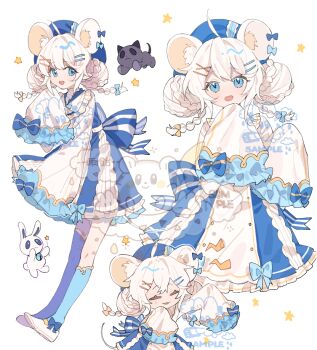 1girl :d ahoge ame_ame animal_ear_fluff animal_ears asymmetrical_legwear blue_bow blue_dress blue_eyes blue_hat blue_socks blue_thighhighs bow chibi closed_eyes double_bun dress footwear_bow frilled_dress frills full_body hair_bun hair_ornament hairclip hat highres kneehighs long_sleeves looking_at_viewer mouse_ears mouse_girl multiple_views open_mouth original parallel_hairclips sample_watermark shoes short_hair simple_background single_kneehigh single_sock single_thighhigh sleeve_bow sleeves_past_fingers sleeves_past_wrists smile socks standing thighhighs uneven_legwear watermark white_background white_hair white_shoes x_hair_ornament