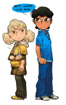 1boy 1girl black_eyes black_hair blonde_hair blue_shirt blush brown_eyes charlie_brown curly_hair dubu274611 genderswap genderswap_(ftm) genderswap_(mtf) highres lucy_van_pelt peanuts_(comic) plaid_clothes plaid_skirt pleated_skirt shirt short_hair skirt tsundere twintails yellow_shirt