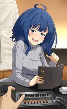 1girl ahoge blue_eyes blue_hair breasts commentary_request drooling grey_sweater highres holding holding_menu long_sleeves make_heroine_ga_oo_sugiru! medium_breasts medium_hair menu omio open_mouth pov pov_hands ribbed_sweater smile solo_focus sweater teeth upper_teeth_only yanami_anna