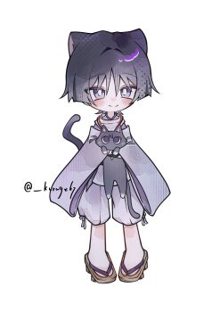 Rule 34 | 1boy, :>, absurdres, animal, animal ears, animalization, black cat, black hair, blunt ends, blush, bright pupils, brown sandals, cat, cat boy, cat ears, cat tail, choppy bangs, closed mouth, clothing cutout, eyeliner, full body, genshin impact, geta, highres, holding, holding animal, holding cat, japanese clothes, kariginu, kimono, kurage 67, layered sleeves, long sleeves, makeup, male focus, pants, pelvic curtain, person and animalization, purple eyes, purple kimono, purple sleeves, red eyeliner, sandals, scaramouche (cat) (genshin impact), scaramouche (genshin impact), scaramouche (kabukimono) (genshin impact), shoulder cutout, smile, solo, split mouth, string, tail, tsurime, twitter username, white background, white pants, white pupils, white sleeves, wide sleeves