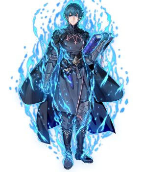 1boy armor aura belt black_armor black_belt black_boots black_cape black_gloves black_pants blue_aura blue_eyes blue_hair book boots cape closed_mouth dagger emblem_(fire_emblem_engage) fire_emblem fire_emblem:_three_houses fire_emblem_engage fire_emblem_heroes fujisaka_kimihiko full_body gloves highres holding holding_book knife long_sleeves looking_at_viewer male_byleth_(fire_emblem) male_focus nintendo non-web_source official_art pants sheath sheathed short_hair solo tachi-e weapon